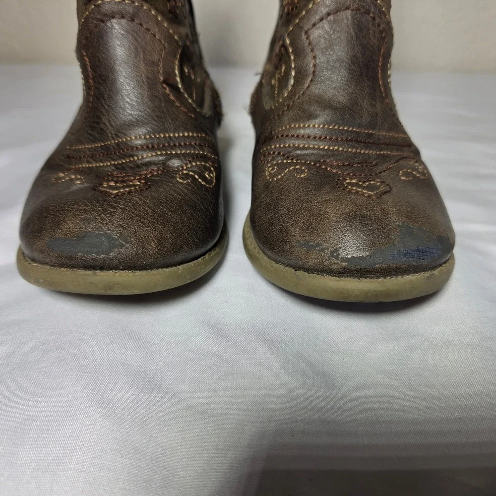 Toddler Brown Faux Leather Western Cowboy Boots Floral Embroidery Size 10 S1621
